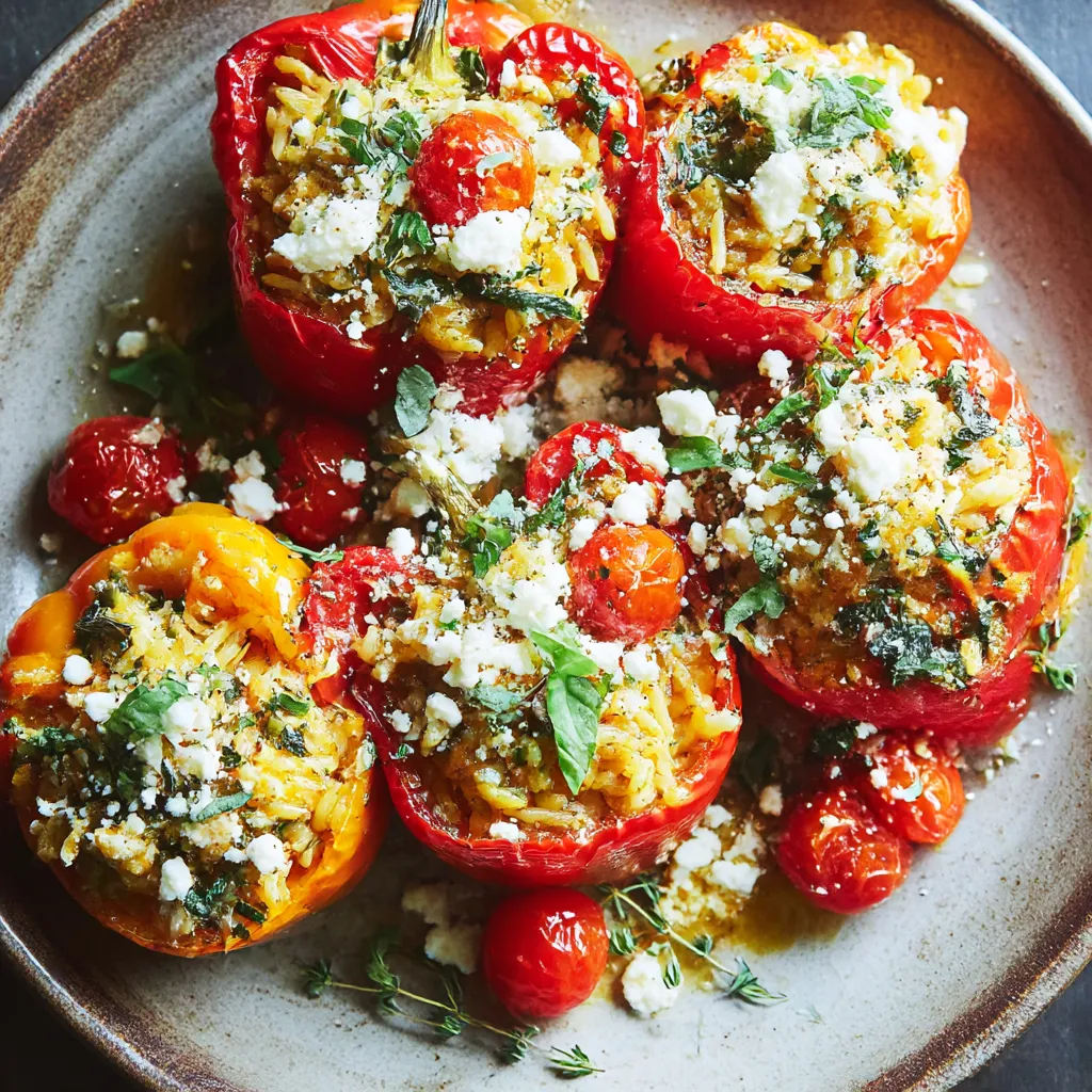 Colorful orzo-packed bell peppers on a plate.