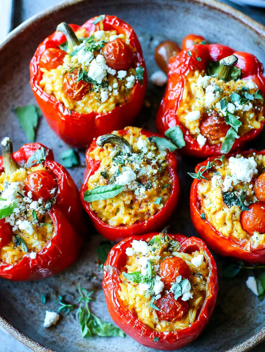 A plate of stuffed bell peppers with orzo.
