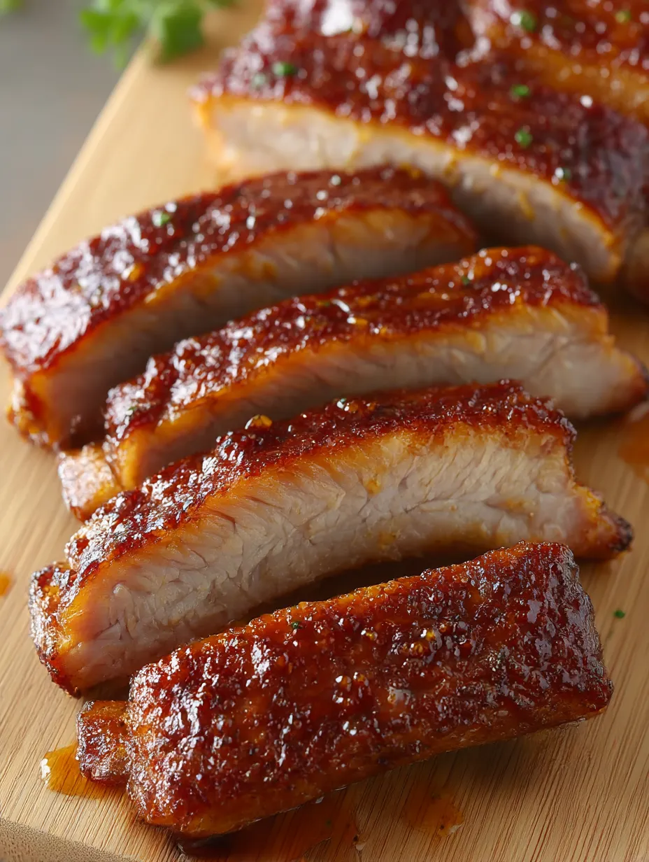 A serving plate piled with golden honey pork belly slices.