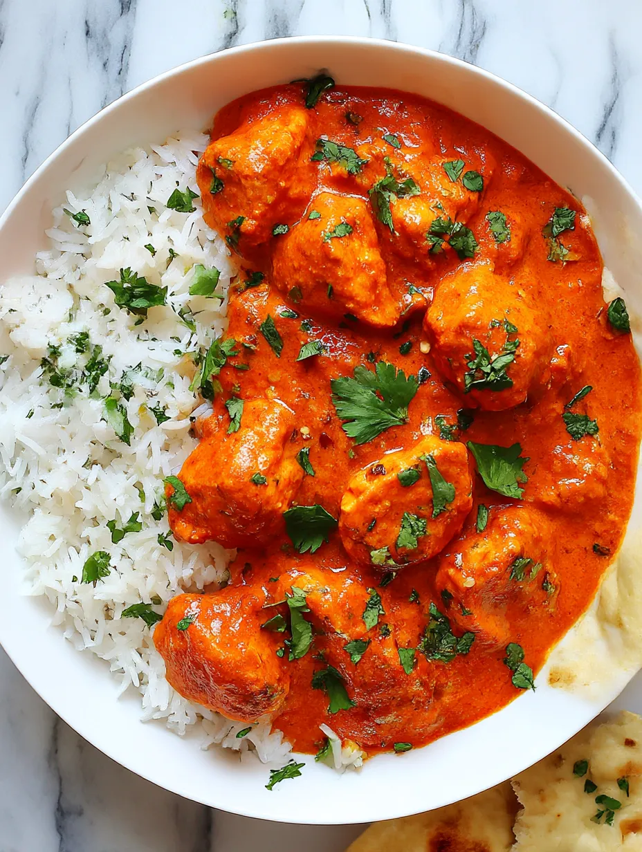 A serving of chicken tikka masala with rice next to naan bread.