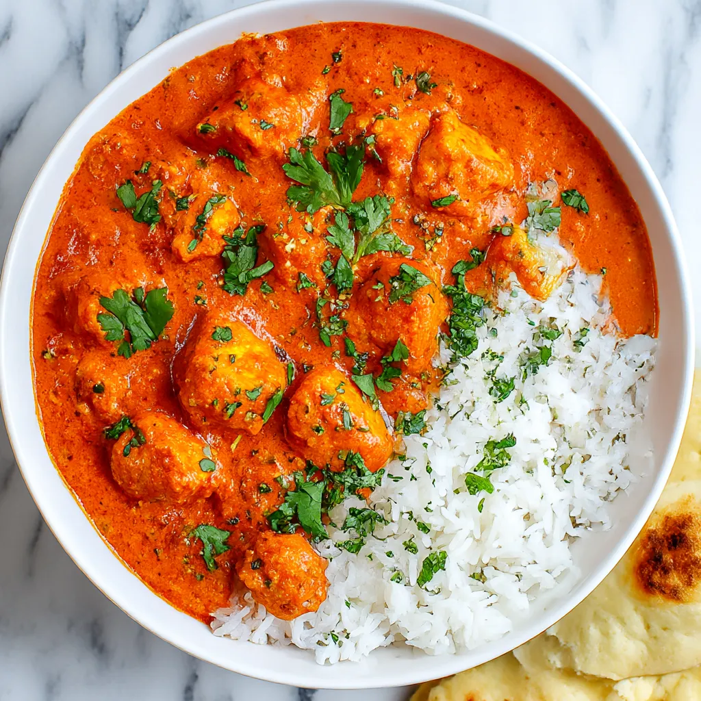 Chicken tikka masala served with white rice in a bowl.