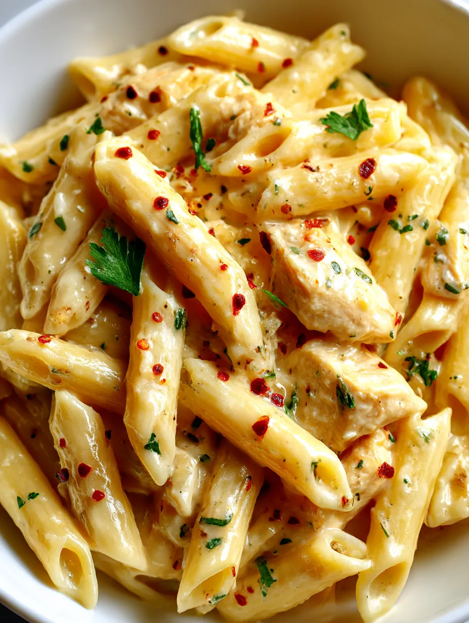 Plate topped with garlic Parmesan chicken pasta.