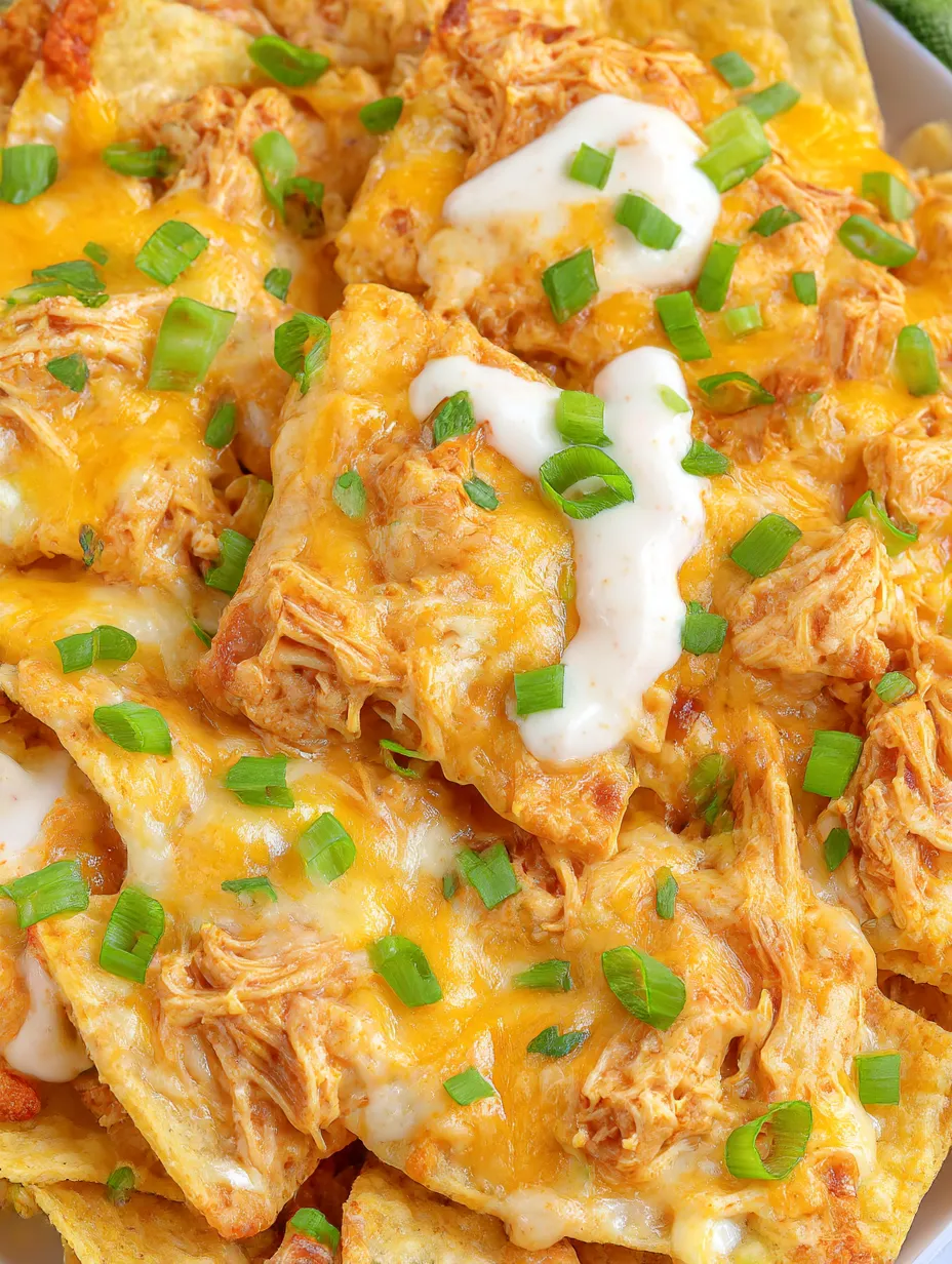 Cheesy buffalo chicken nachos covered in fresh green onions.