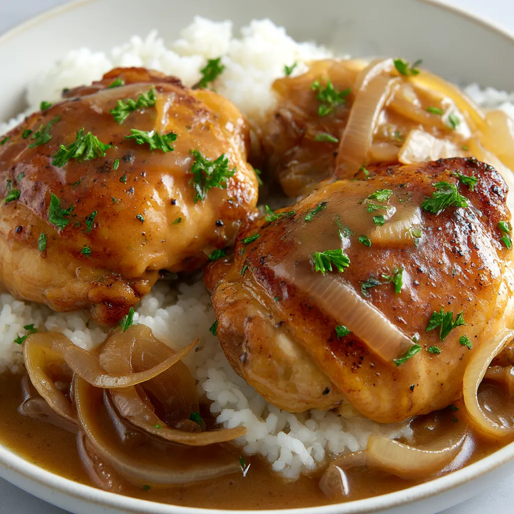 Chicken and rice smothered in onion gravy on a plate.