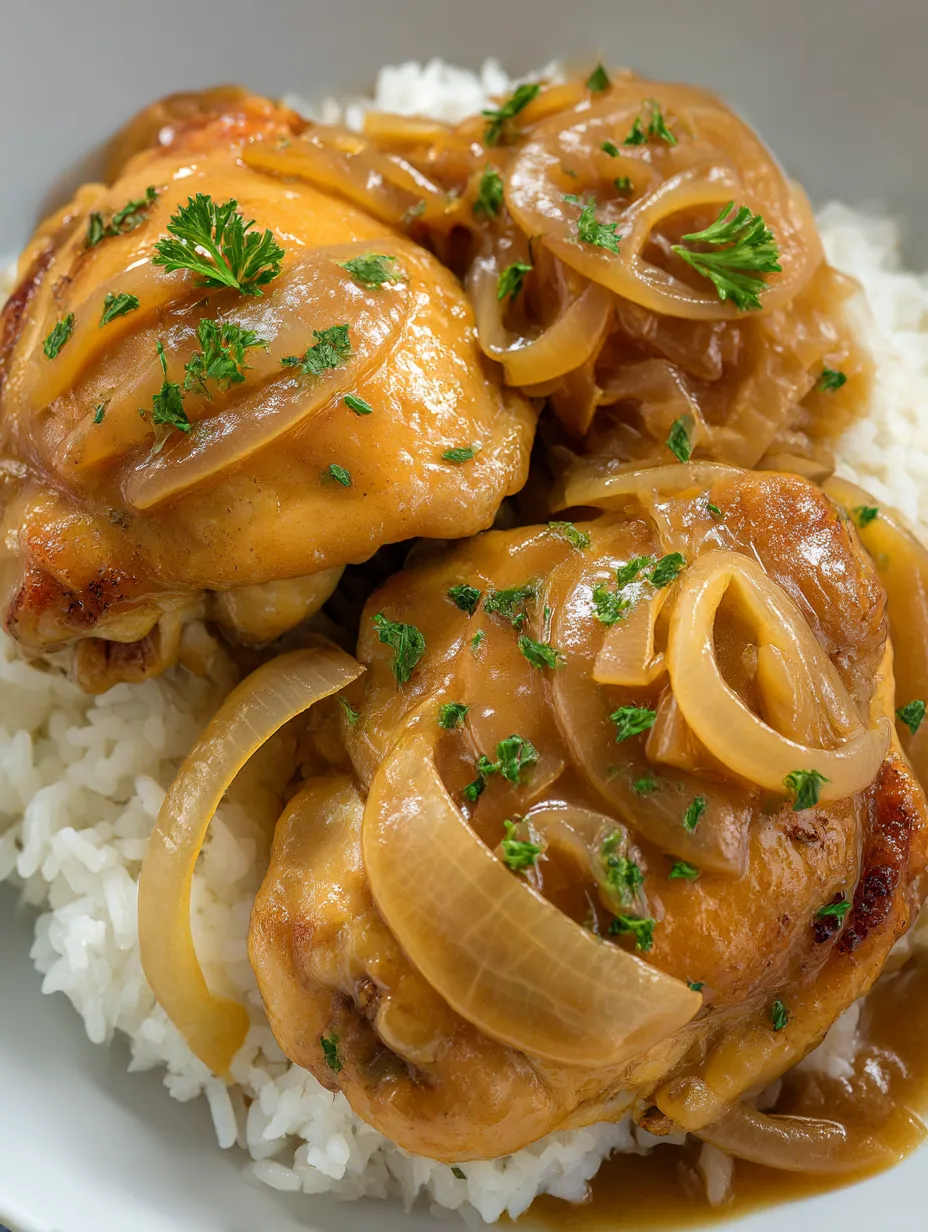 A plate of smothered chicken and rice.