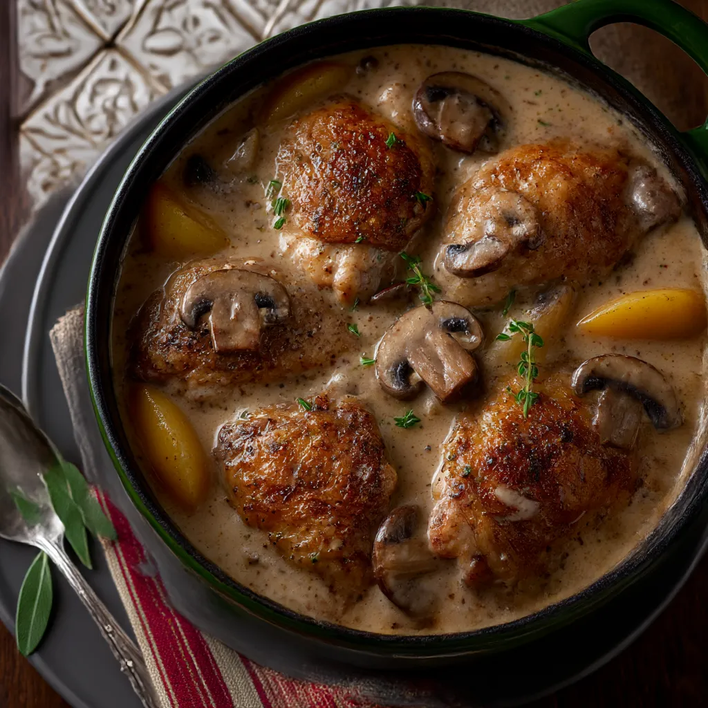 A bowl filled with chicken, mushrooms, and lots of herbs.