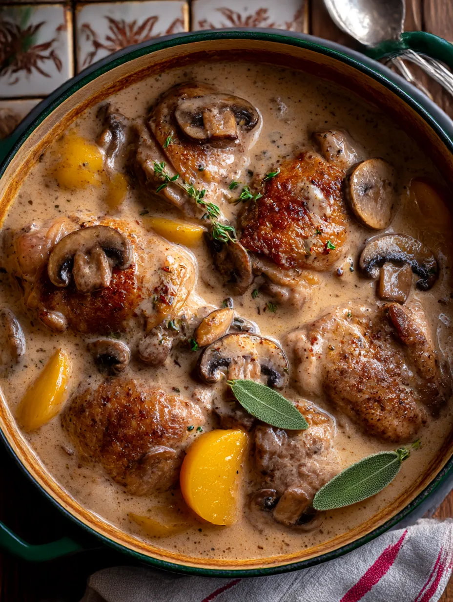 A bowl of chicken with mushrooms and herbs.