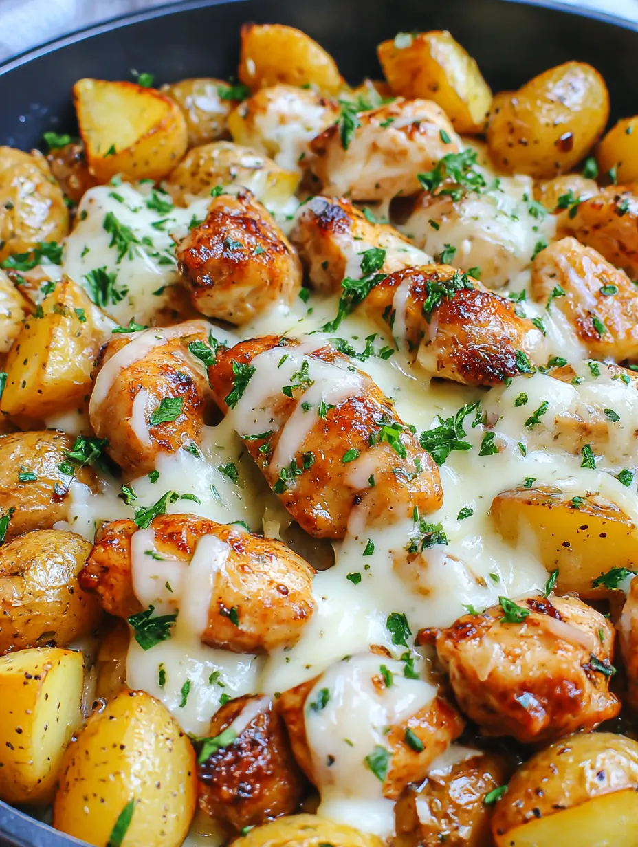 A pan full of chicken and potatoes topped with Parmesan and garlic.