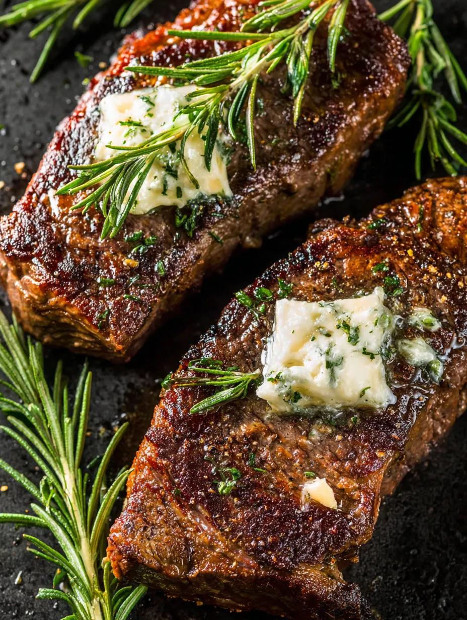 Two pieces of beef with butter and herbs on top.