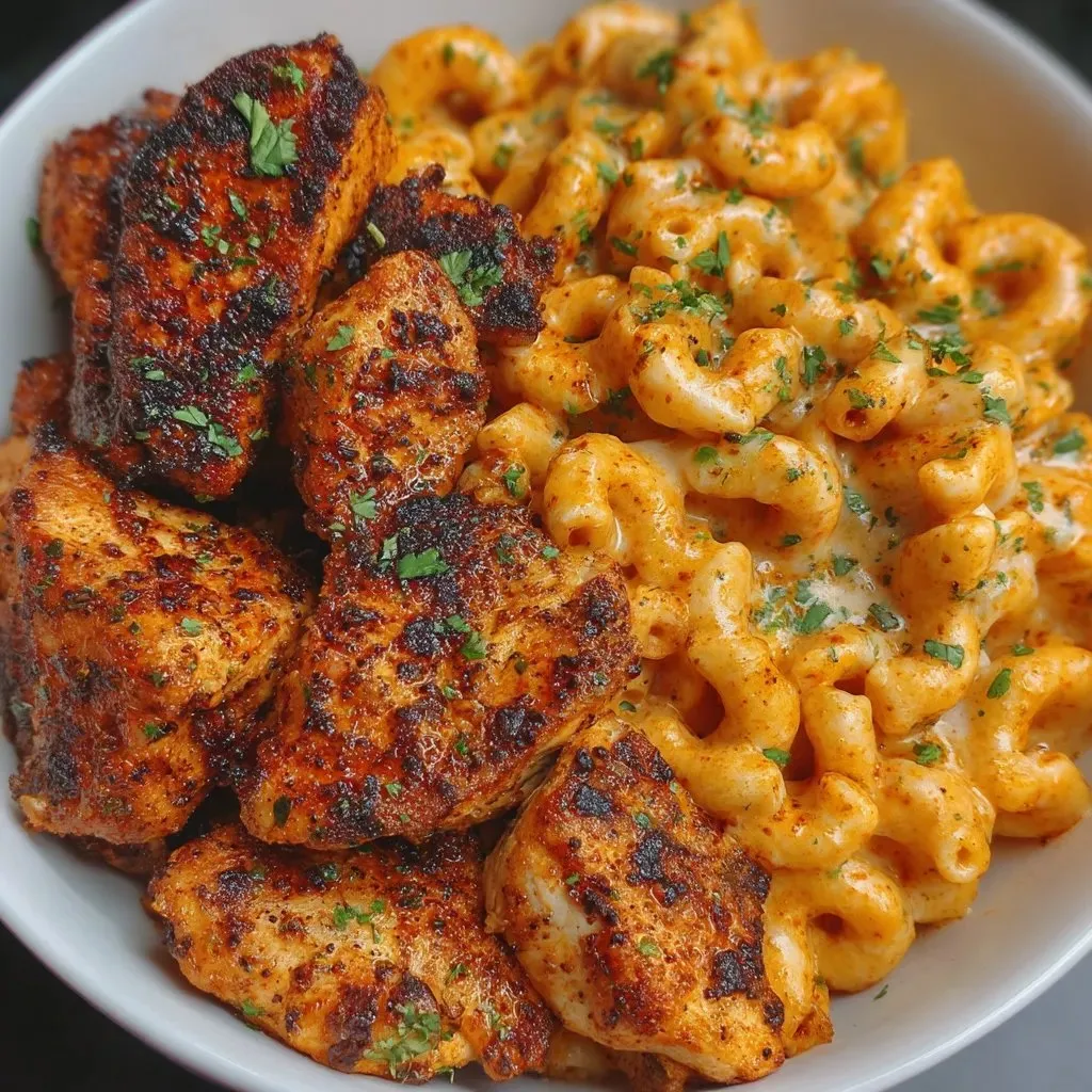 A white plate holding cheesy pasta with a sprinkle of green onions on top.