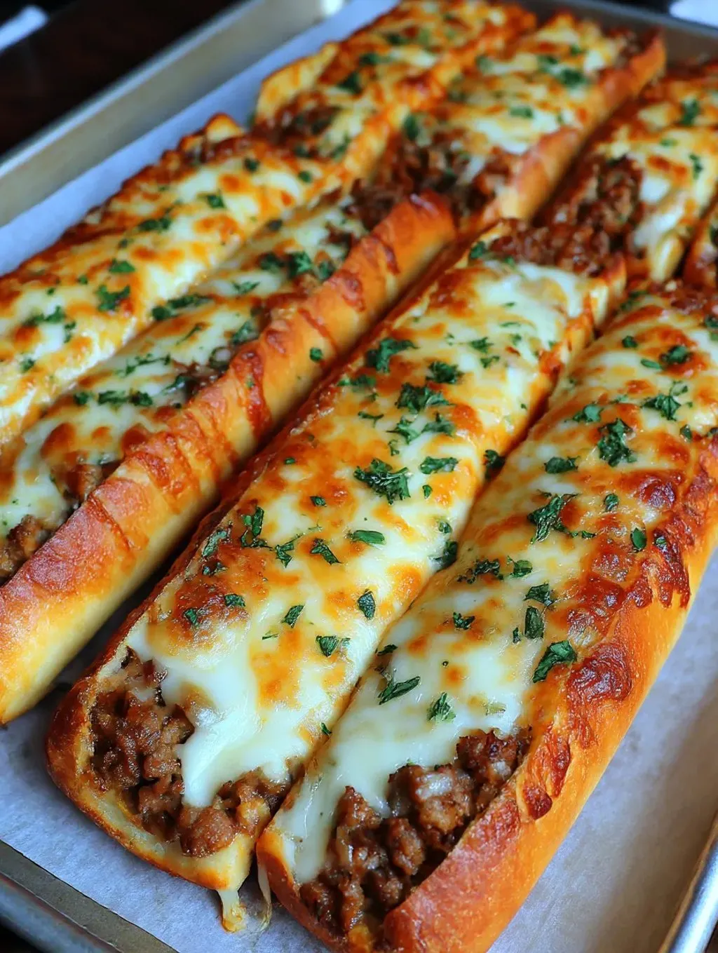 A row of sandwiches loaded with beef and cheese on a plate.