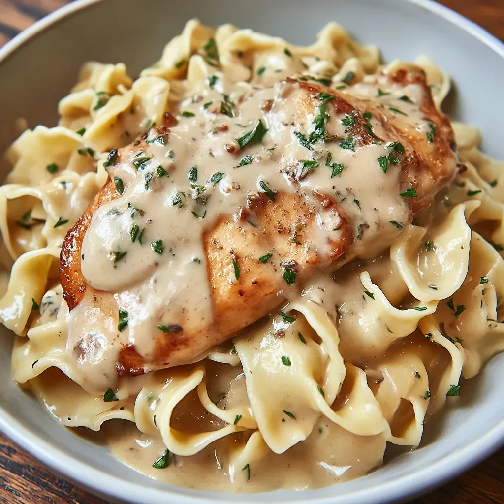 A plate with roast lamb, pasta, and sauce.