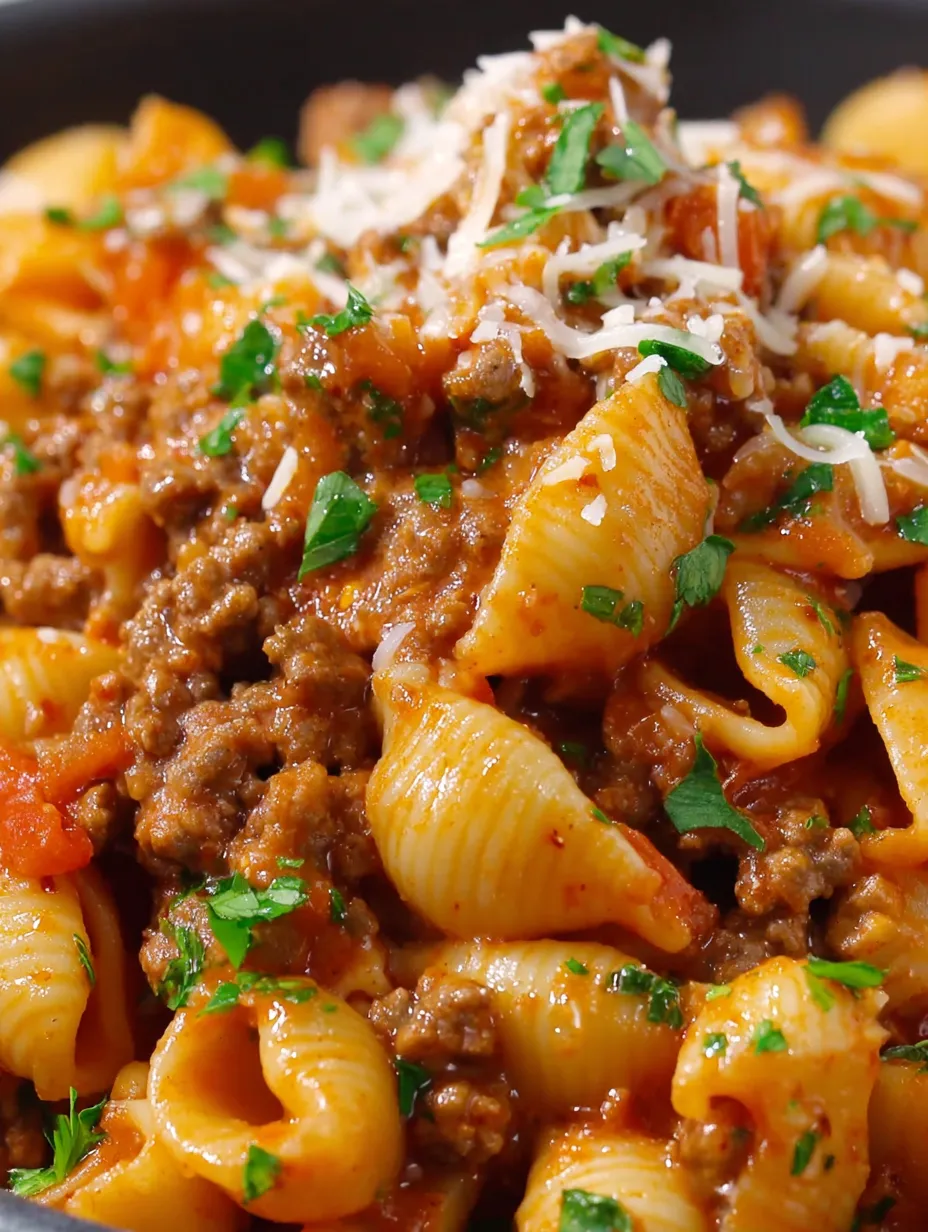 A bowl filled with pasta and ground beef.