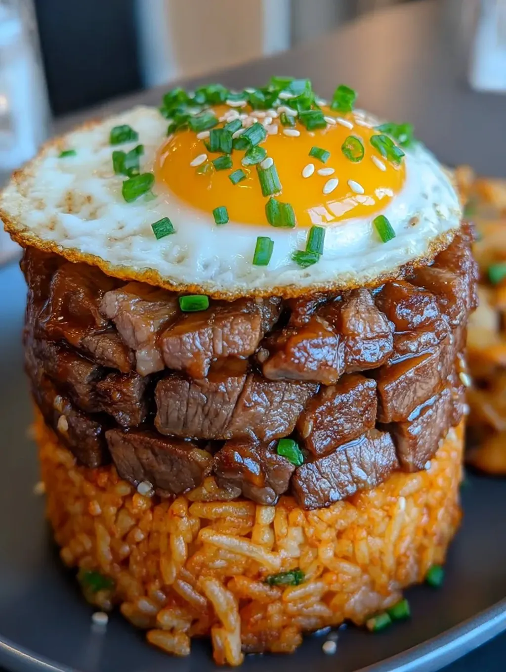 A beef rice stack finished with green onions.
