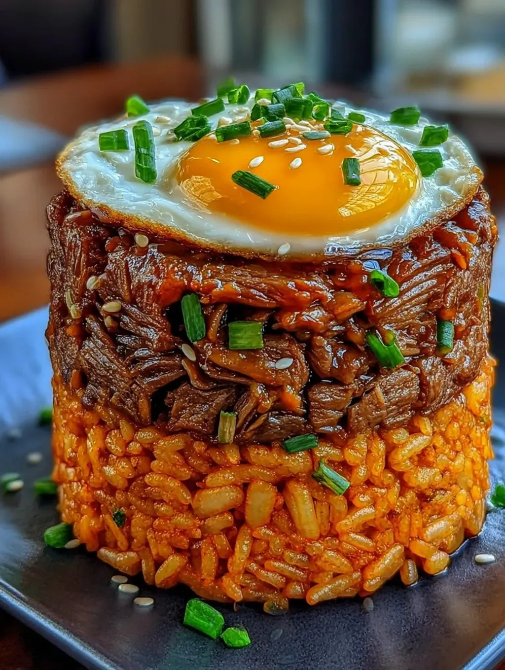 A beef rice stack topped with rice and cilantro.