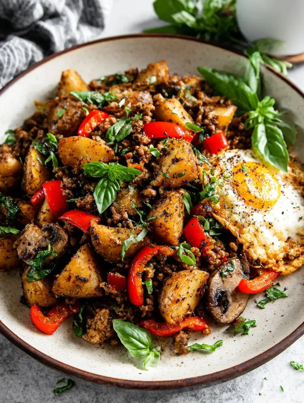 A bowl with potatoes, tomatoes, spinach, onions, and beef all mixed together.