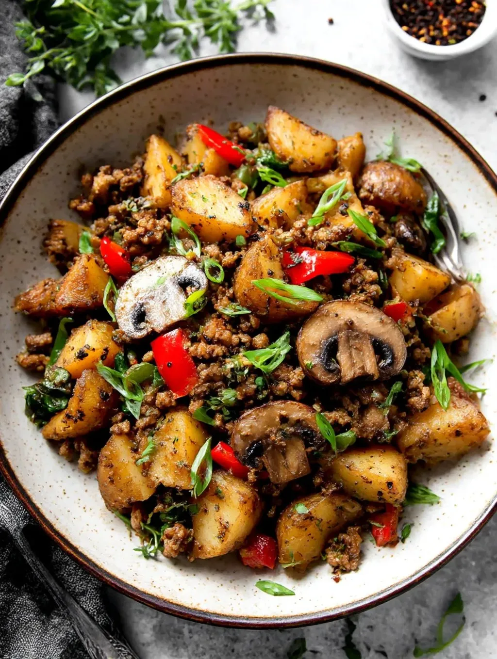 A bowl packed with potatoes, onions, tomatoes, carrots, beef, mushrooms, and peppers.