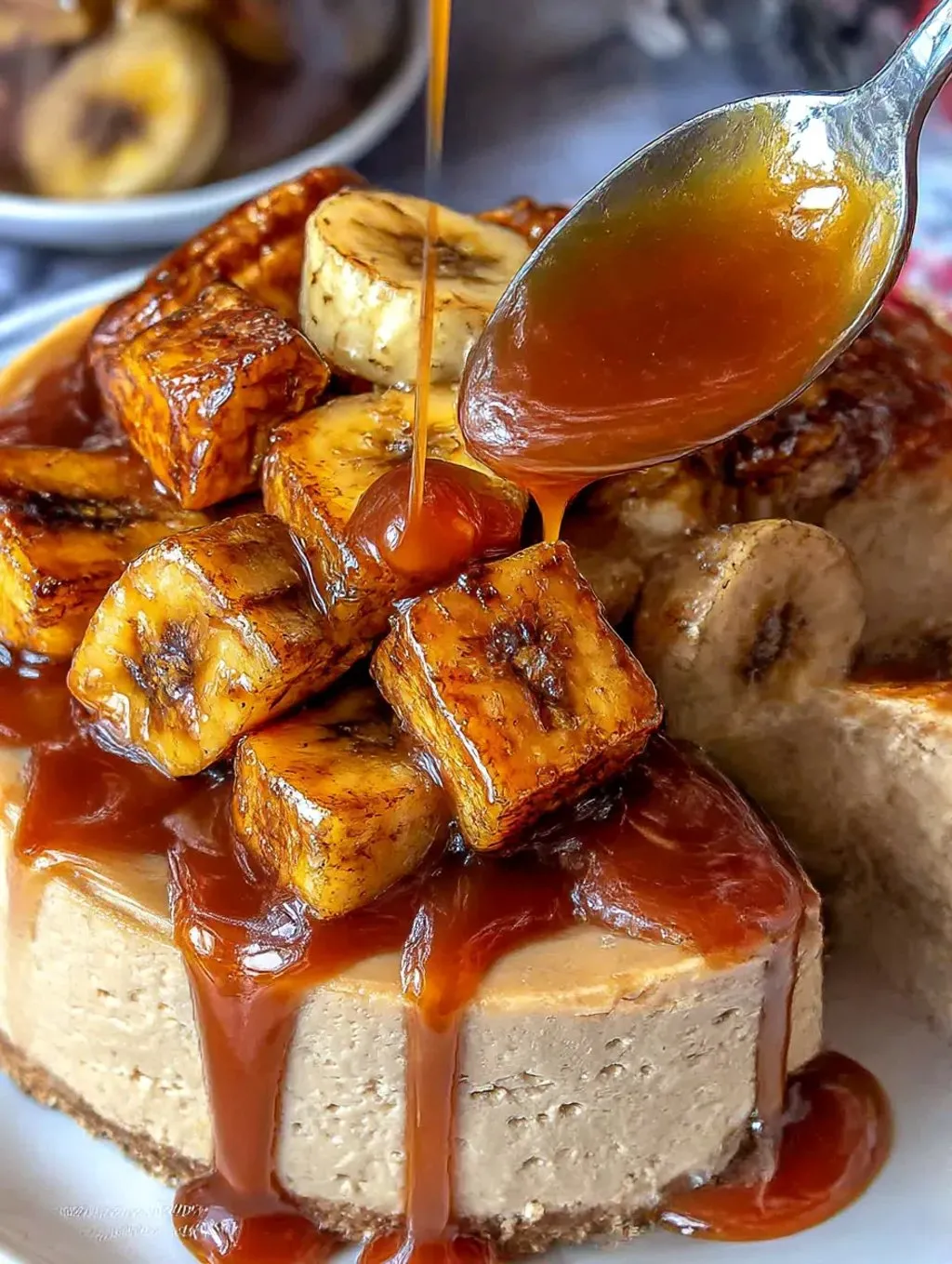 A banana caramel cheesecake with a glossy rum glaze.
