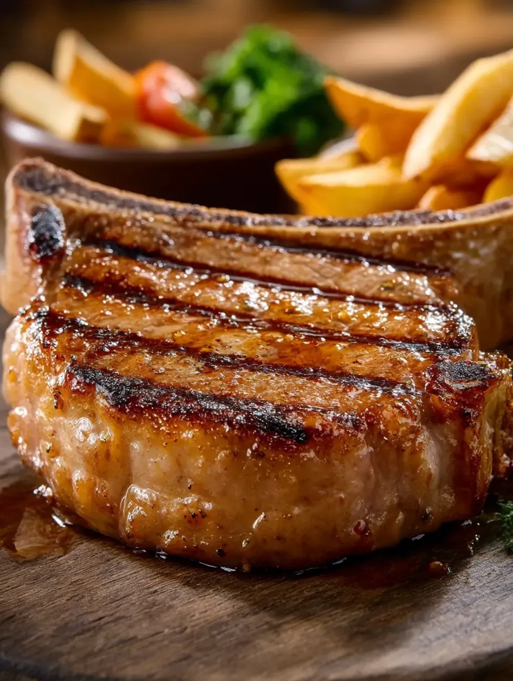 A Texas Roadhouse-style pork chop on a table.