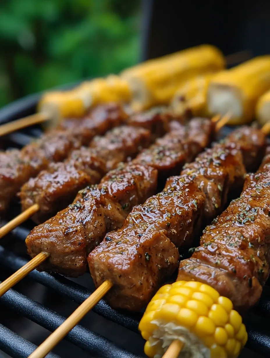 A grilled steak kebab with onions, coconut sugar, and potatoes.