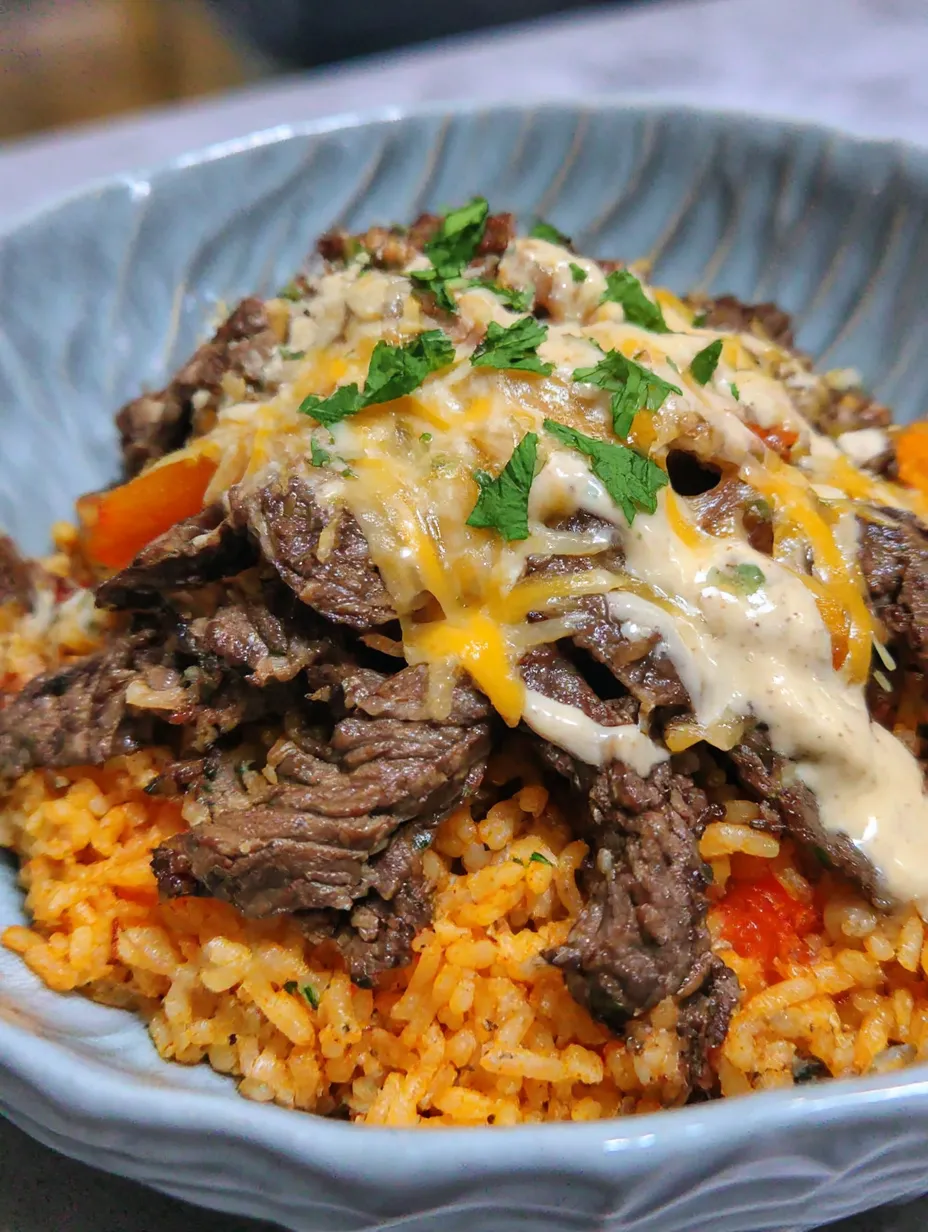 A plate showing steak with queso and rice, looking super tasty and fresh.