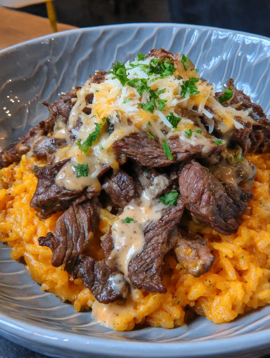 A top view of steak, queso, and rice on a big dinner plate.