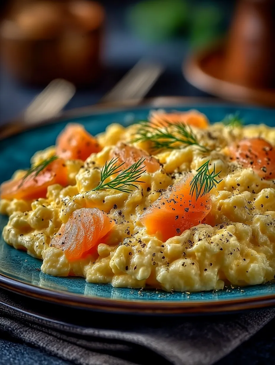A platter holding grilled salmon and scrambled eggs.