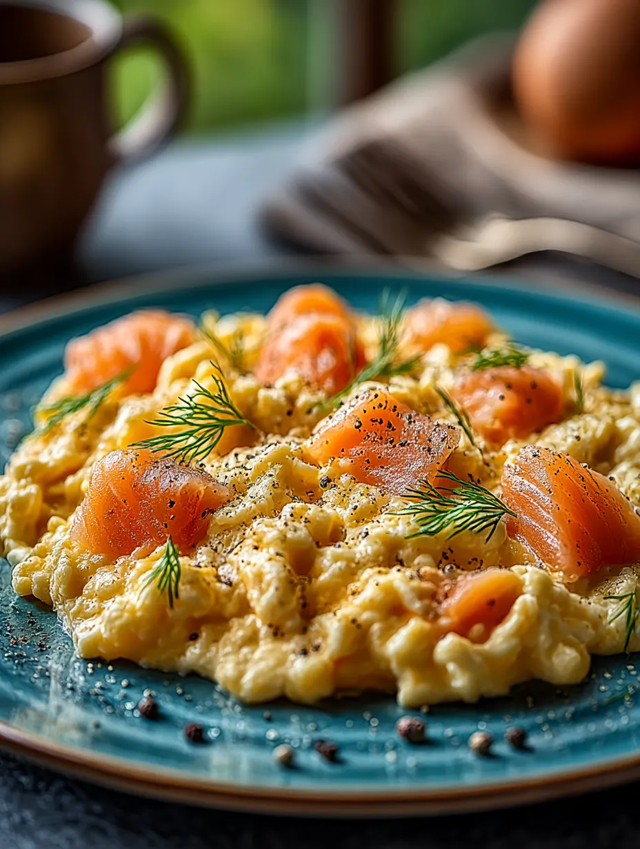 A platter holding grilled salmon and scrambled eggs.