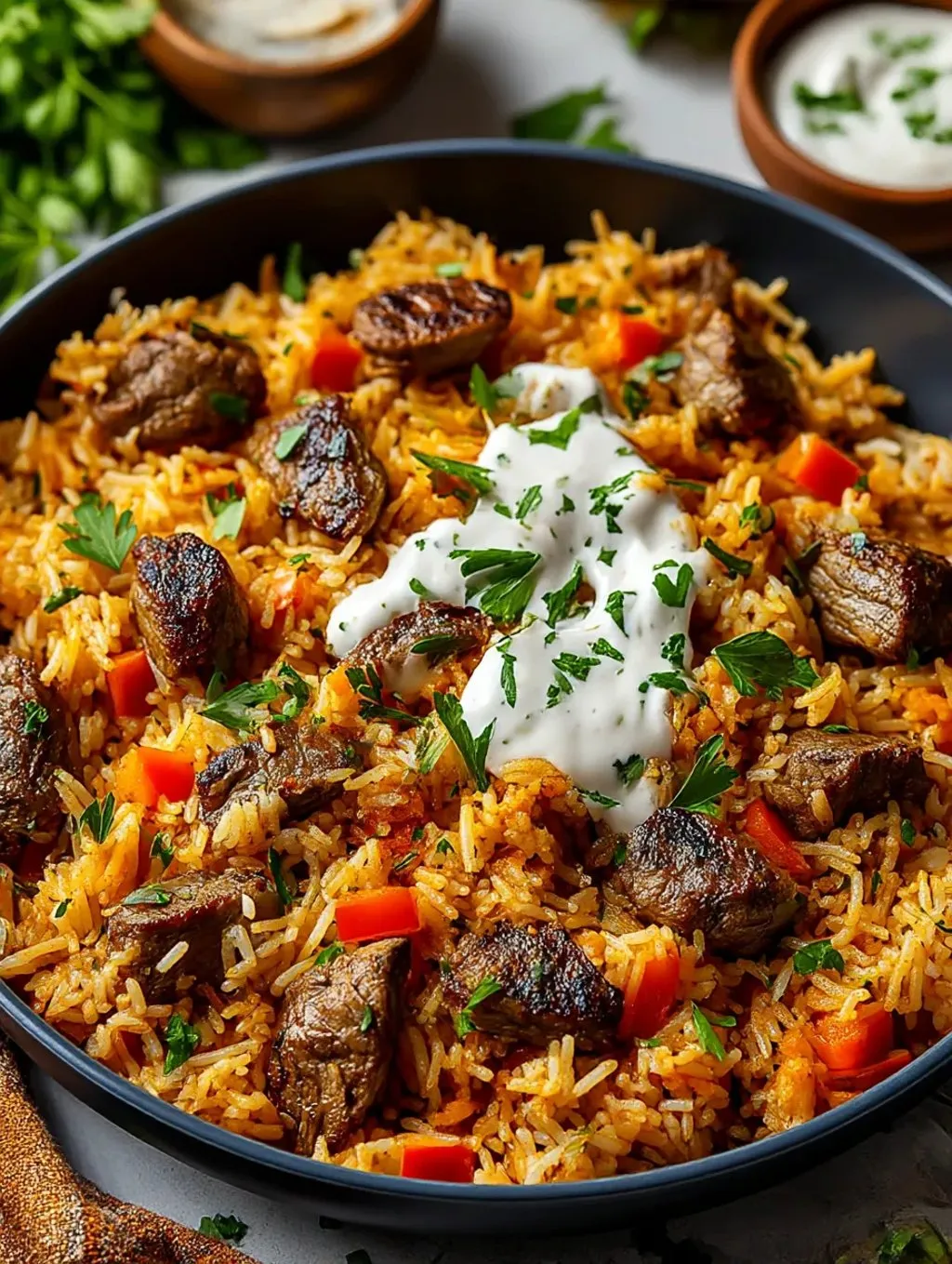 A rice bowl with steak and queso.