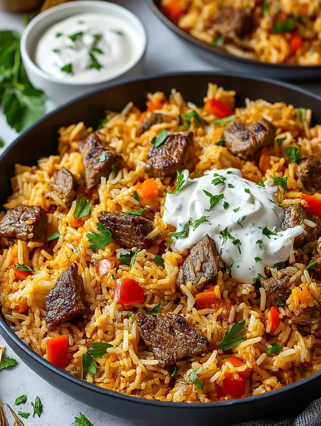 A rice bowl with steak and queso.