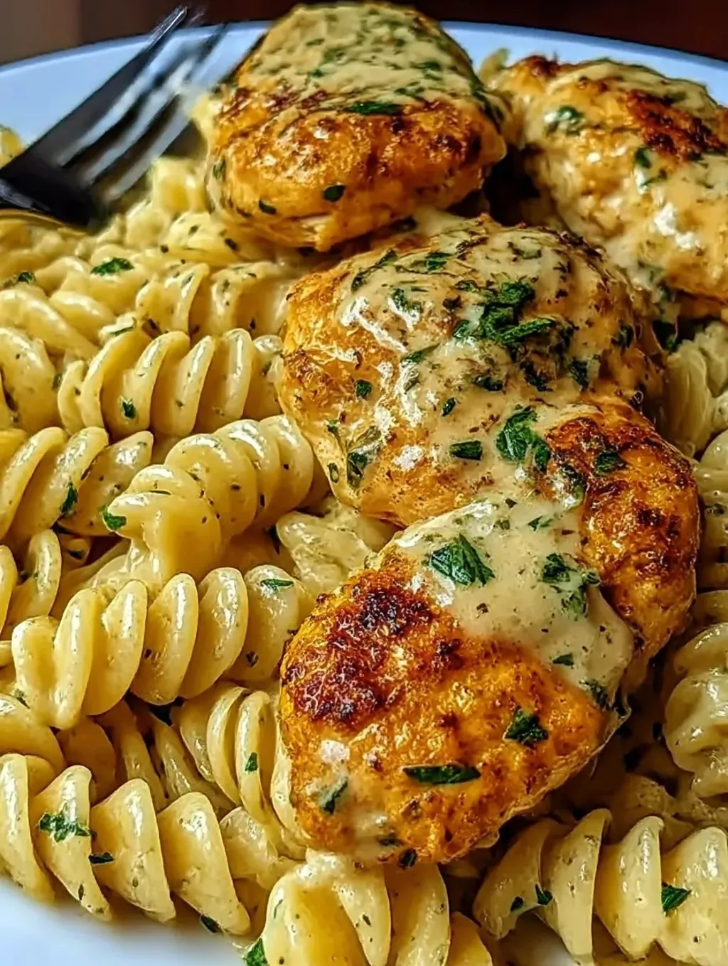 A photo of Creamy Garlic Parmesan Chicken with Cheesy Twisted Pasta in a bowl.