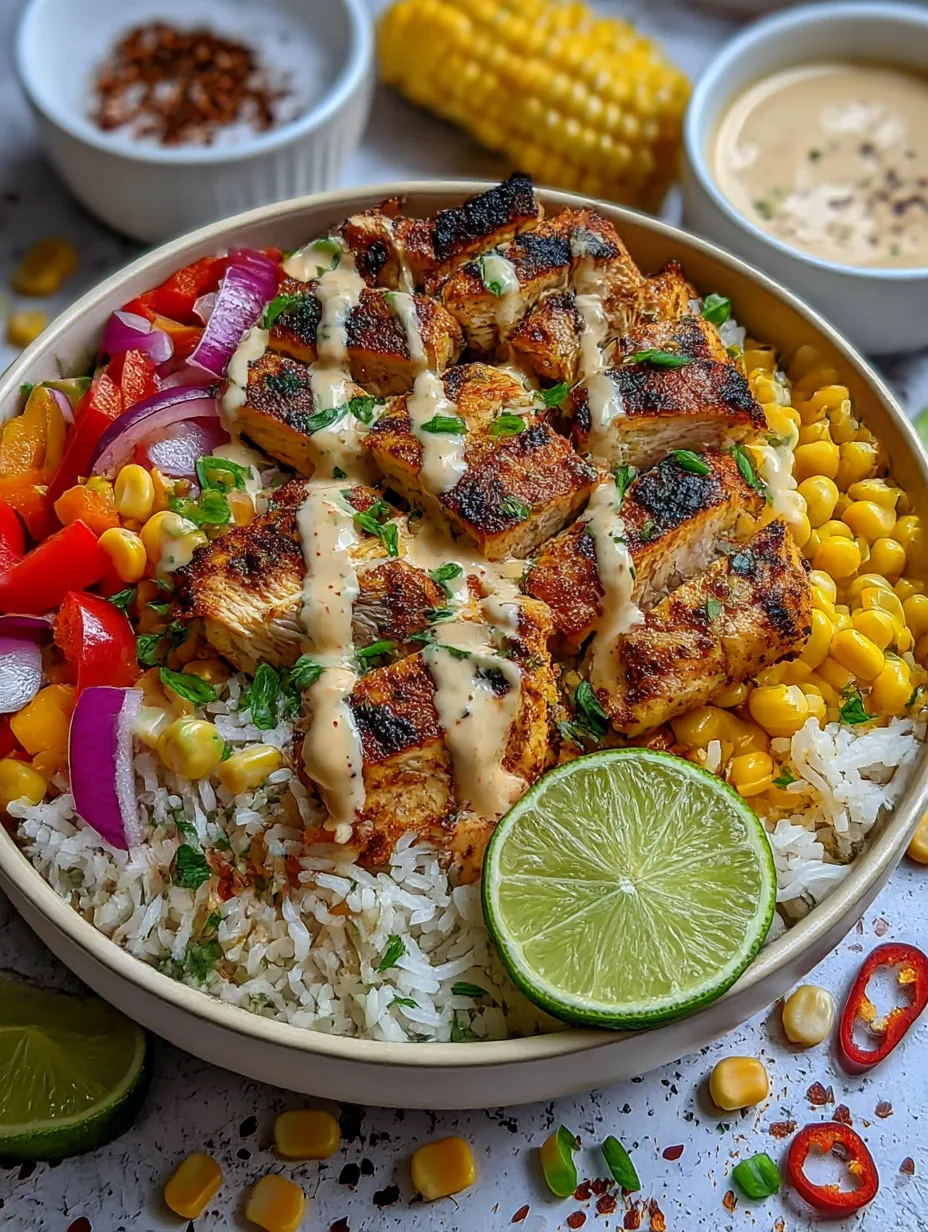 A colorful rice bowl full of grilled meat, topped with onions, lime, and cilantro.