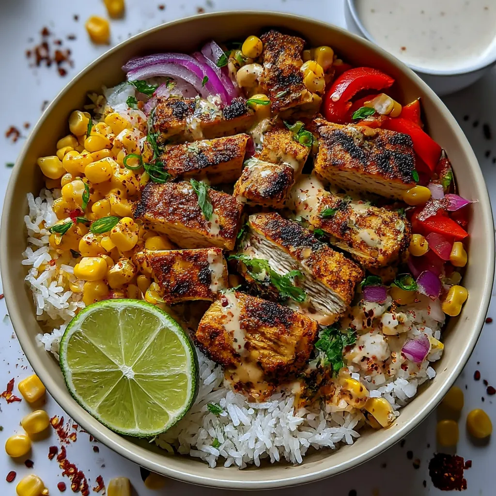 A bowl packed with rice, coconut, potatoes, tomatoes, onions, and chicken.