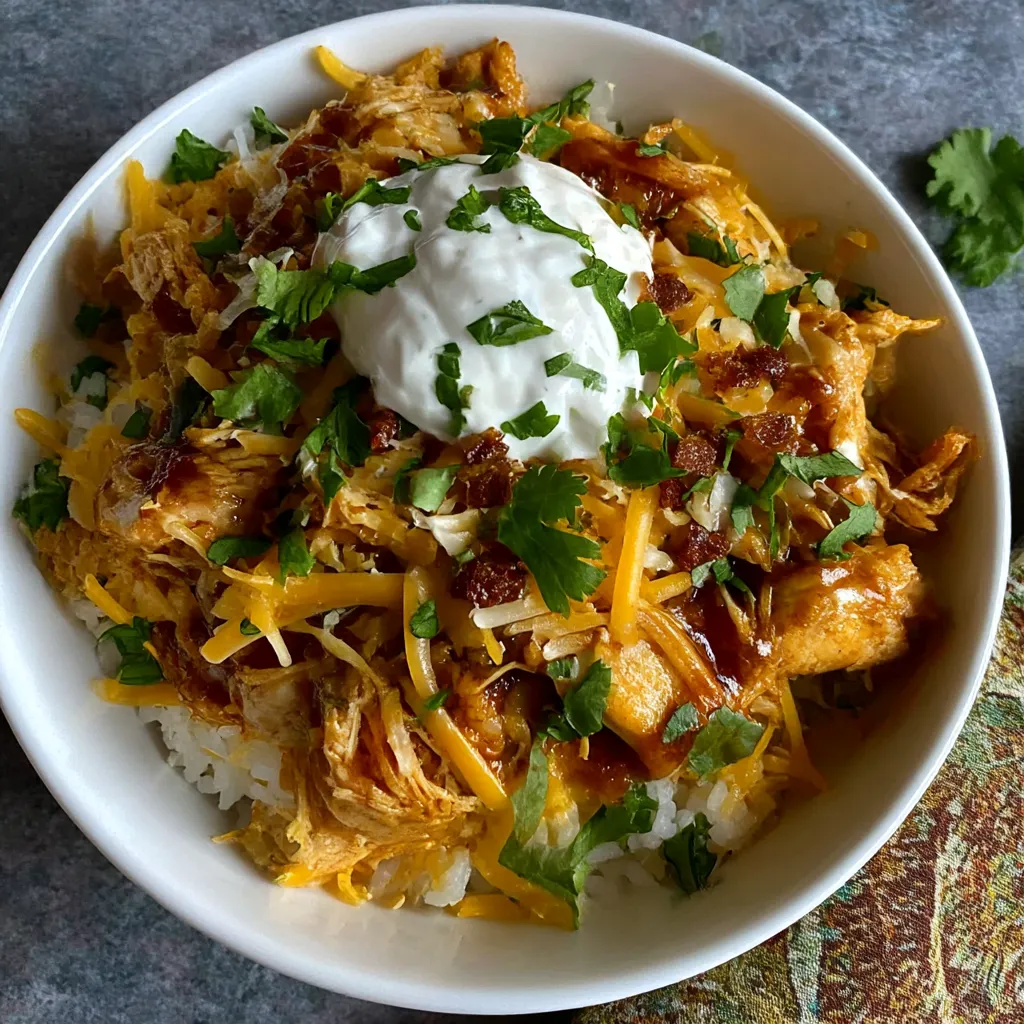 A white plate piled with a high-protein BBQ Ranch Chicken Bowl, showing off 42g protein.