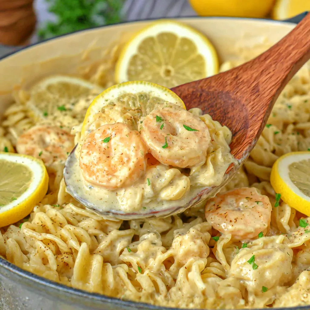A pot of beans with cheese, lemons, and shrimp.