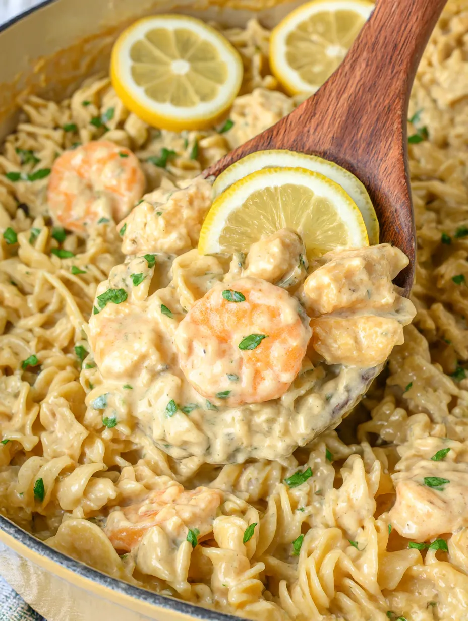 A bowl of pasta with onions and cheese, topped with lemon slices.