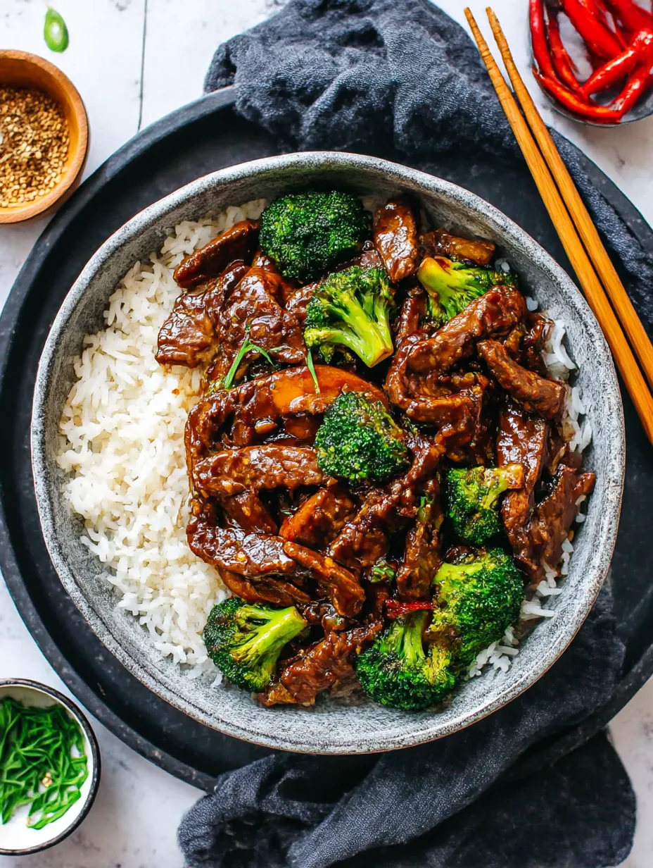 A bowl with rice and beef stir-fry.