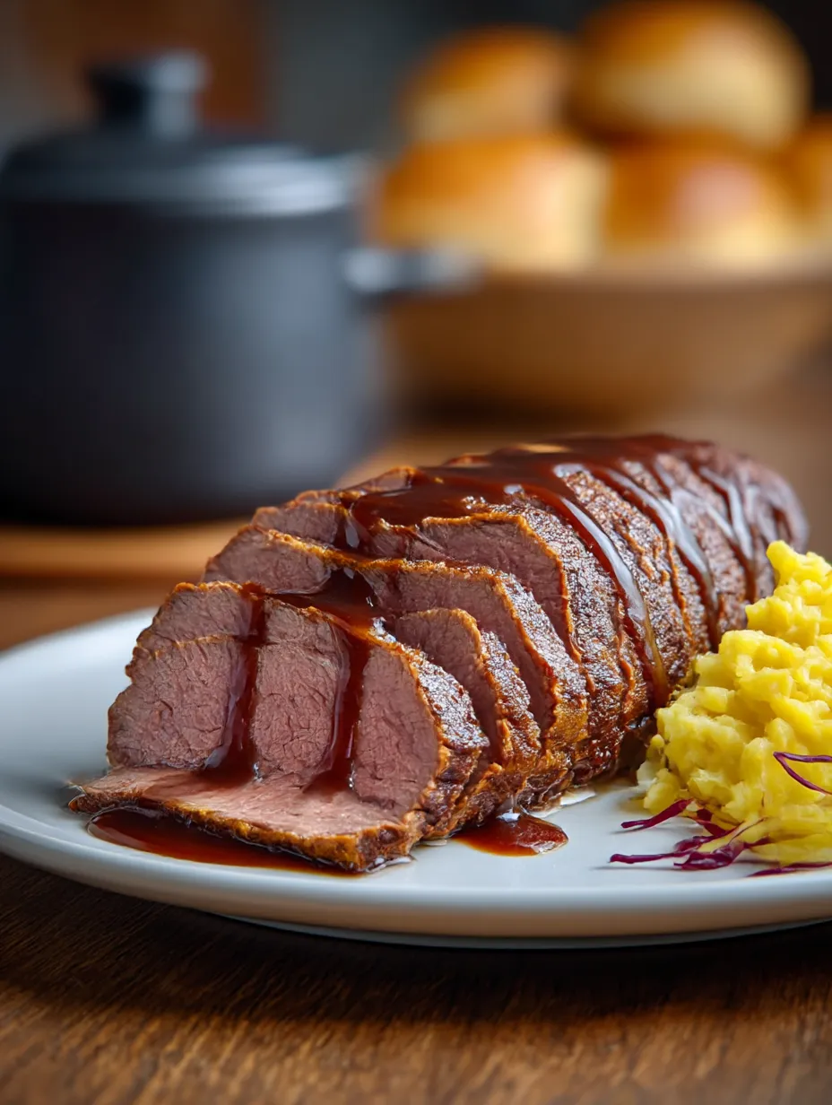 A grilled steak covered in sauce on a white plate.