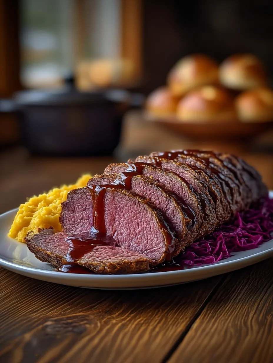 A big piece of beef with sauce on a plate.