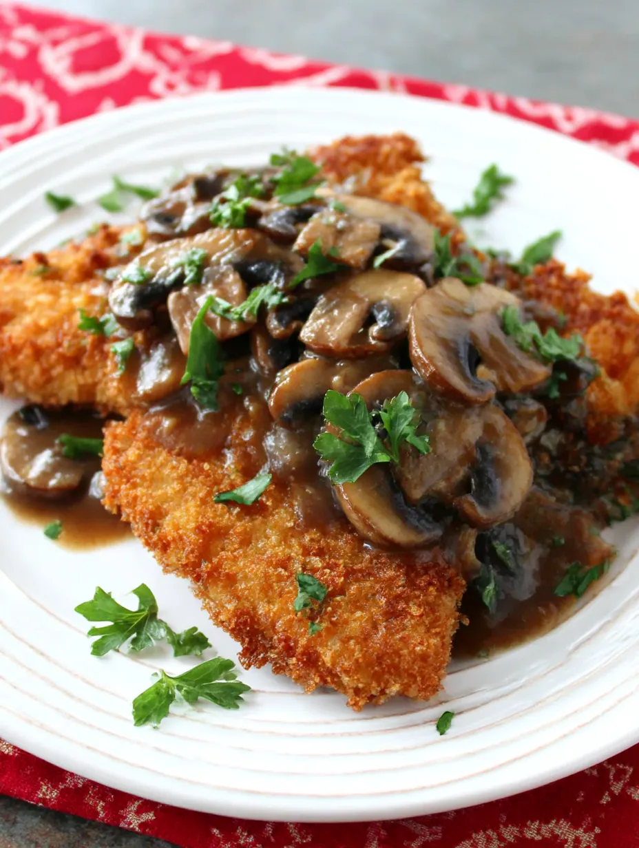 A plate with grilled cutlets, covered in sauce and mushrooms.