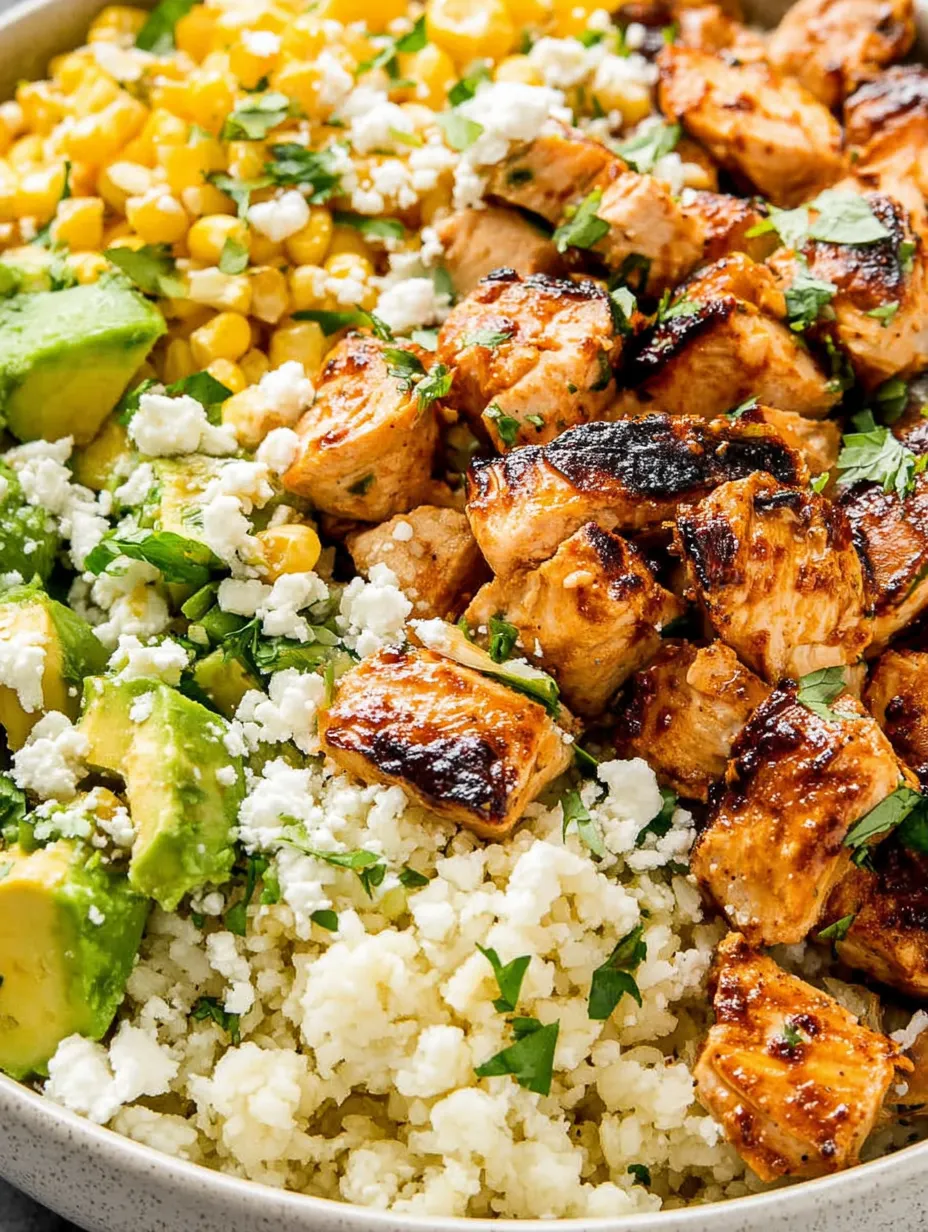 A colorful group of foods like potatoes, avocado, chicken, eggplant, and cilantro all mixed together.