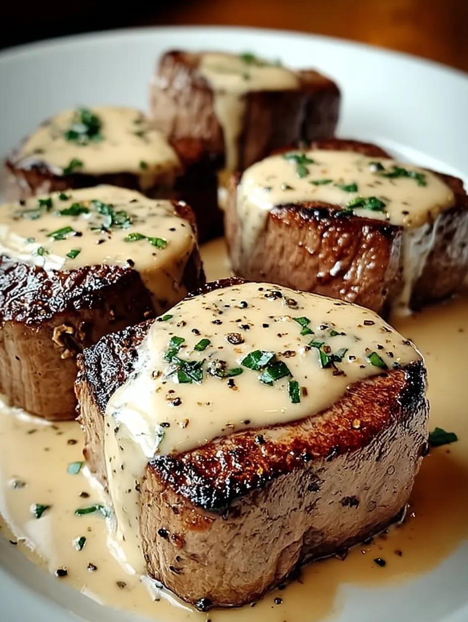 A platter stacked with six steaks drenched in sauce and topped with fresh herbs.