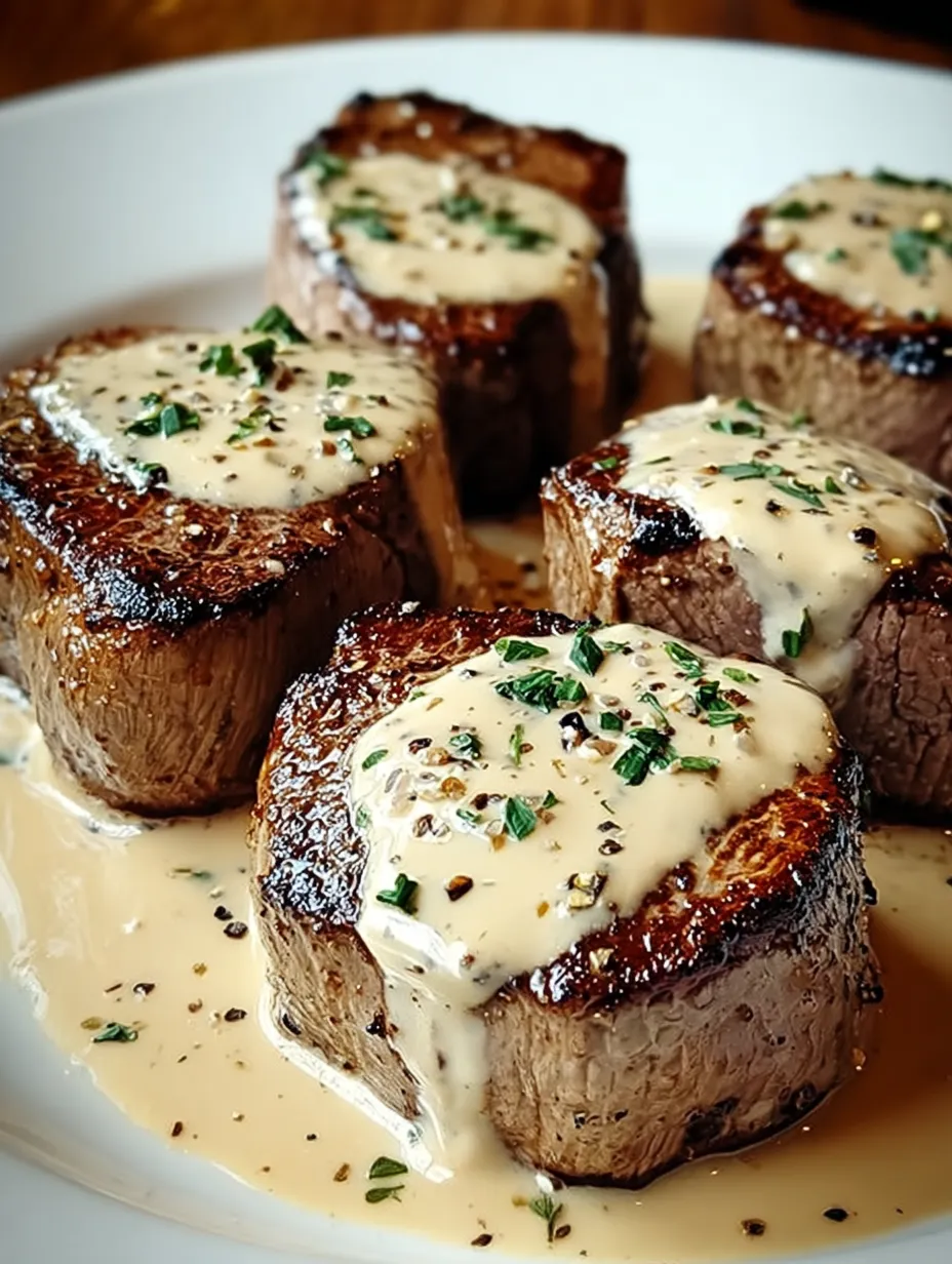 A platter stacked with six steaks drenched in sauce and topped with fresh herbs.