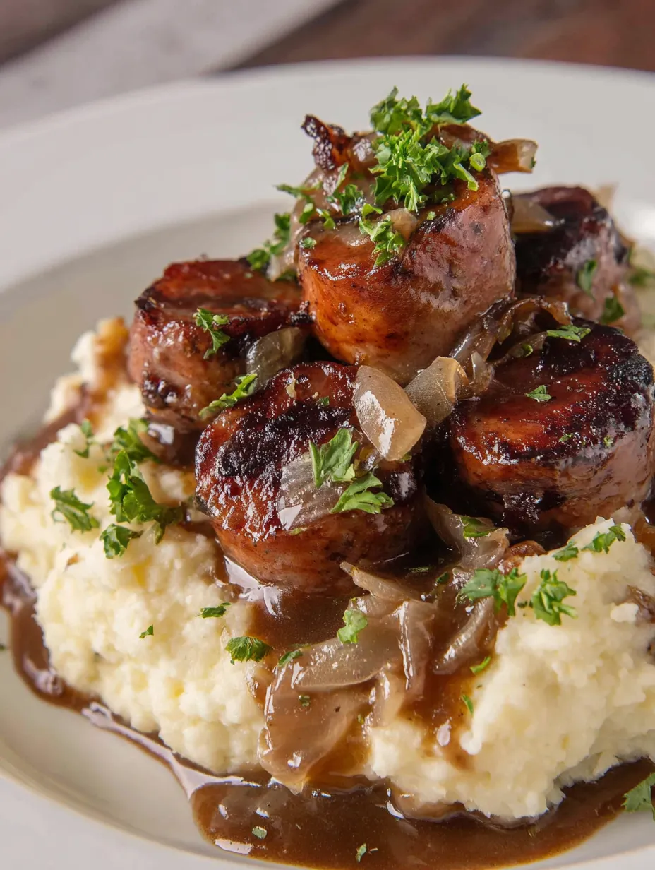 A platter of grilled pork roast topped with sauce and onions.