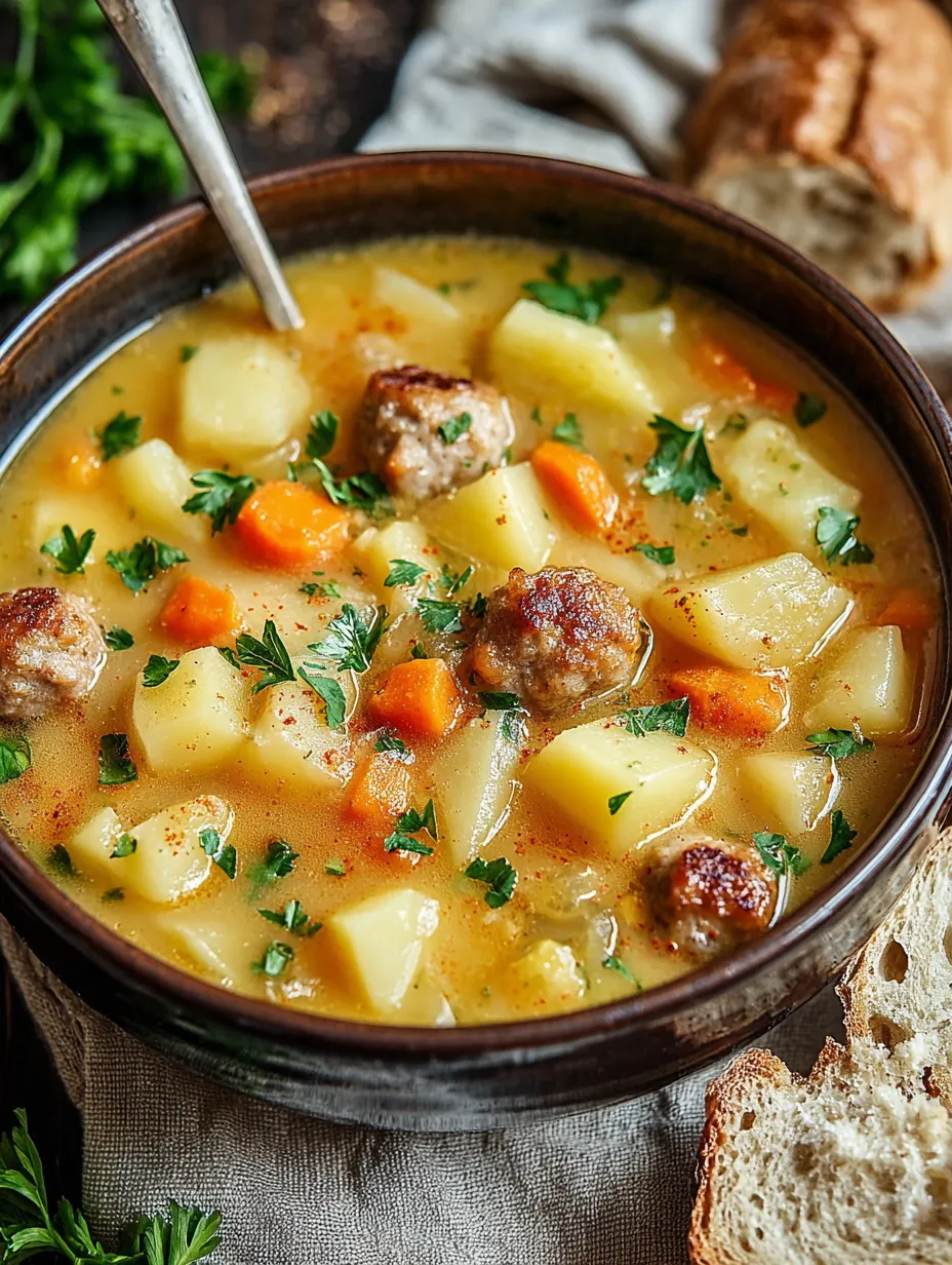 A pot filled with a mix of potatoes, onions, carrots, sausage, and coconut milk.