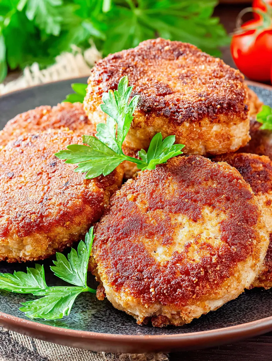 A platter holding six golden meat patties topped with parsley.