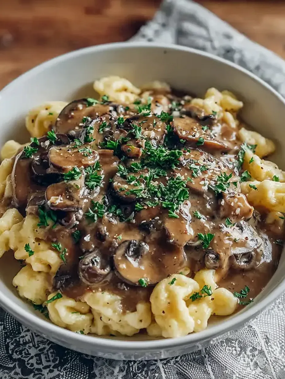 A white plate with macaroni and mushrooms.