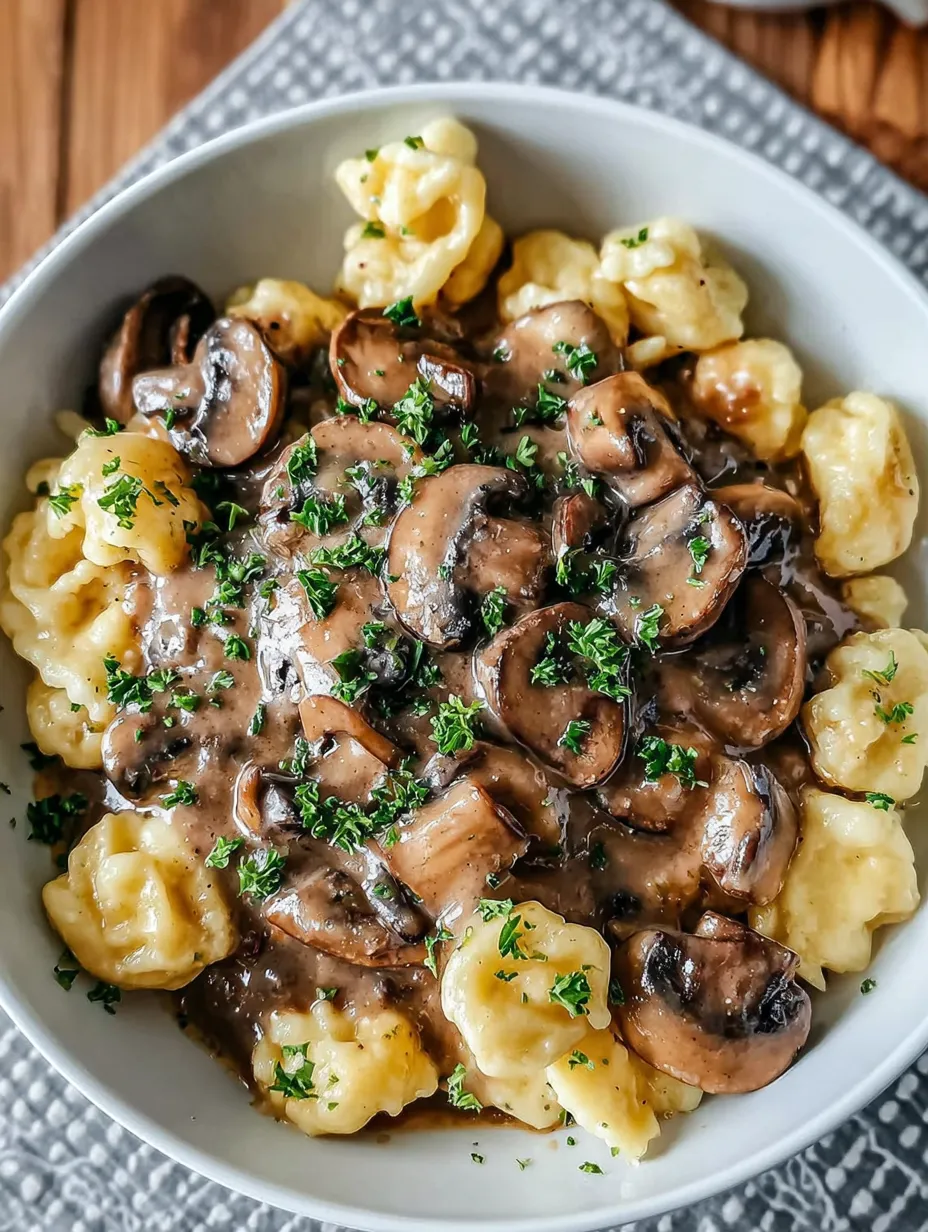 A white plate with macaroni and mushrooms.