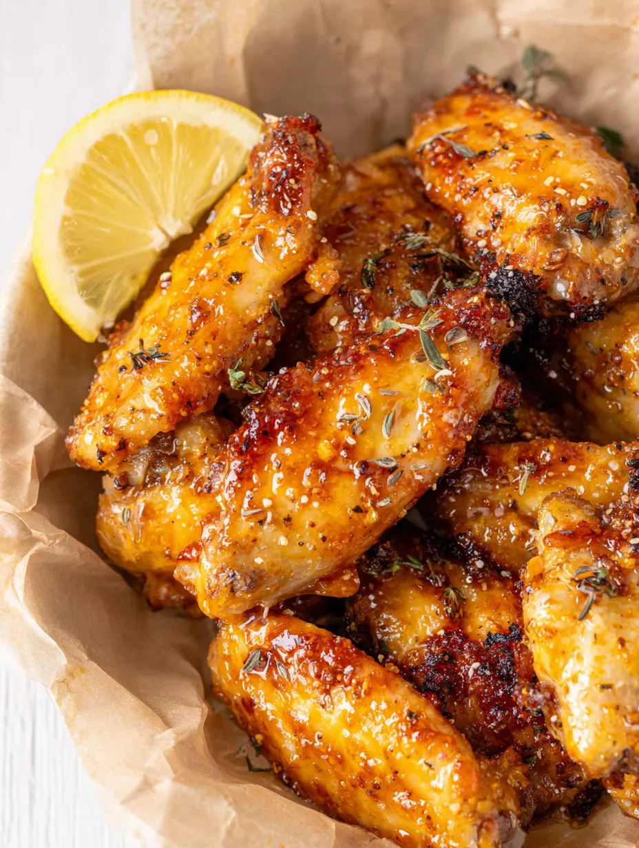 A pile of baked chicken wing pieces with spices and citrus, ready to eat.