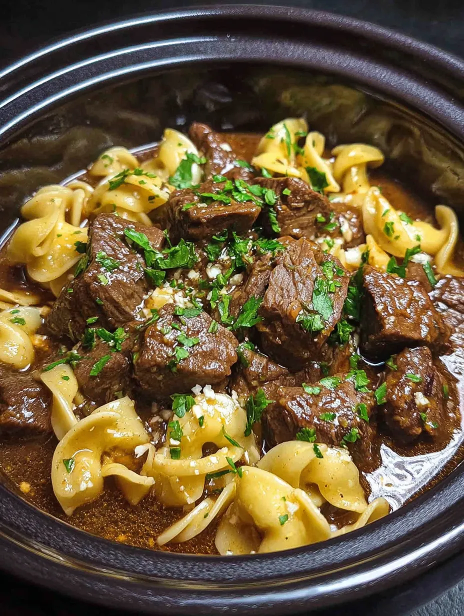 A bowl of noodle soup with beef, onions, and melted parmesan cheese.